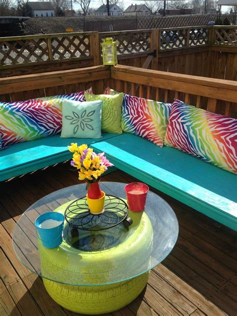 Colorful DIY outdoor deck seating benches makeover with tire table | Reuse old tires, Old tires ...