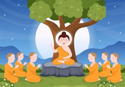 Premium Vector | Happy Makha Bucha Day Hand Drawn Illustration Buddha Sitting in Lotus Flower ...