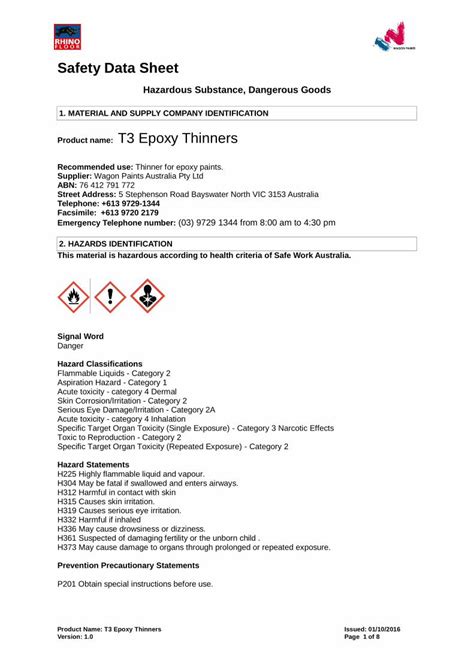 (PDF) Safety Data Sheet - Wagon Paints - High Performance … Epoxy Thinner.… · Safety Data Sheet ...