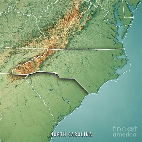 North Carolina State USA 3D Render Topographic Map Border Digital Art ...