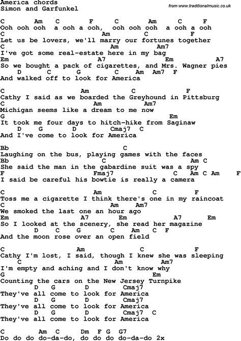 Song lyrics with guitar chords for America - Simon And Garfunkel