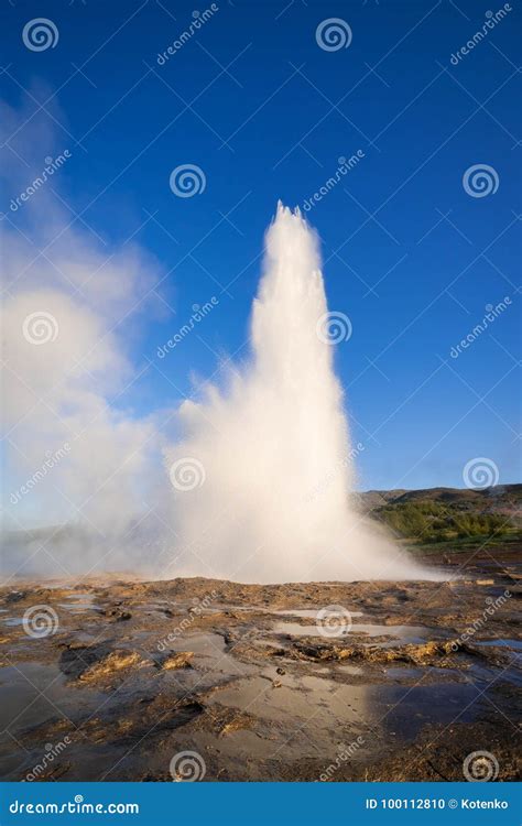 Eruption of the Geysir Geyser in Iceland Stock Photo - Image of ...