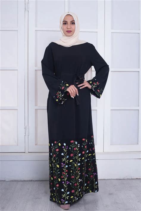 Fashion Women Muslim Abaya Dress O Neck Long Sleeve Elegant Saudi Arabia Embroidery Flower Long ...