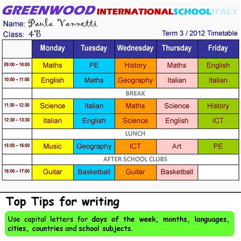 School timetable | ESOL Nexus