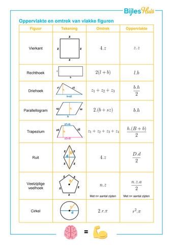 Cheatsheet - Formules van de oppervlakte en omtrek van vlakke figuren by BijlesHuis - Issuu