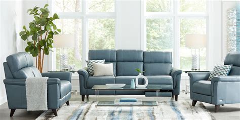 Cindy Crawford Home Avezzano Blue 3 Pc Leather Living Room with Dual Power Reclining Sofa ...