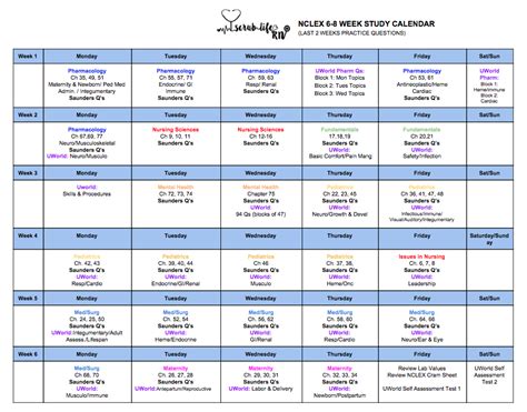 6-8 NCLEX Study Calendar | Scrub Life RN