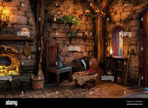 Fantasy Witch Cottage Interior, 3D illustration, 3D rendering Stock ...