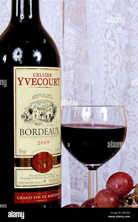 Bottle of French Bordeaux red wine and red grapes Stock Photo - Alamy