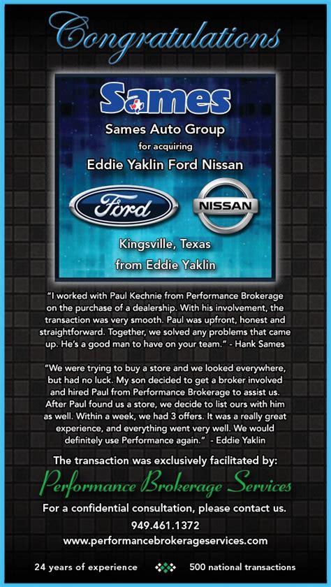 Sames Auto Group Buys Eddie Yaklin Ford Nissan in Kingsville, Texas - Performance Brokerage Services