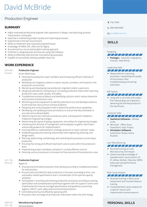 Production Engineer - Resume Samples and Templates | VisualCV