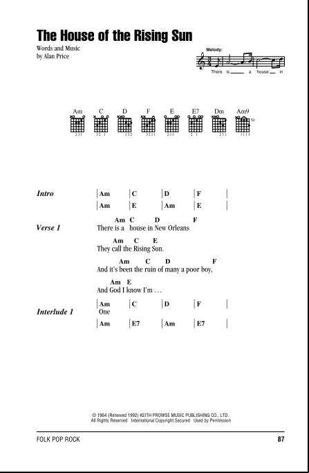 The House Of The Rising Sun - Guitar Chords/Lyrics | zZounds