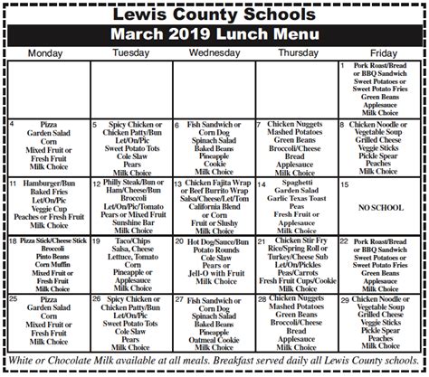 March Lunch Menu – The Lewis County Herald