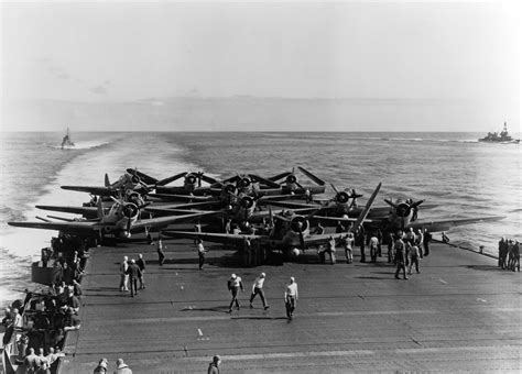 Battle of Midway: TBD-1 Devastators of the VT-6 are prepared for launching on USS Enterprise at ...