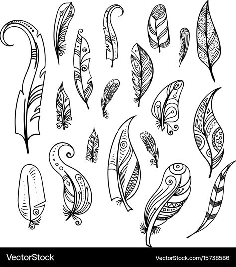 Bird feathers hand drawing indian elements set Vector Image