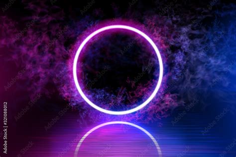 Neon color geometric circle on a dark background. Round mystical portal ...