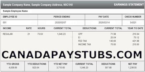 Sample Pay Stub - Canada Online Pay Stub Generator