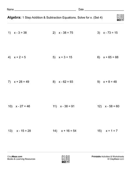 Algebra: 1 Step Addition & Subtraction Equations (Set 4) | Homeschool Books, Math Workbooks and ...