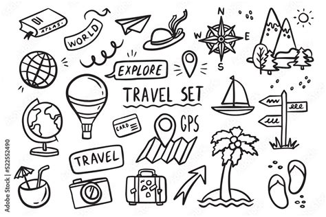 Set travel outline doodle signs. Tourism and summer adventure icons. Clip art travelling ...