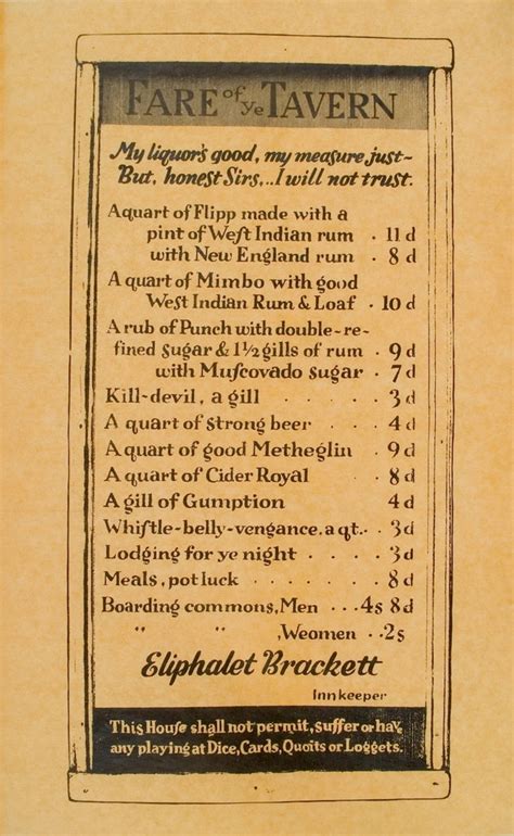 Colonial Era "Fare of Ye Tavern" Wine & Liquor Menu – store.ushistory.org