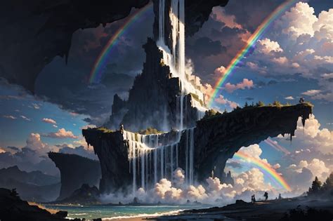 Premium AI Image | A waterfall and a rainbow in the sky