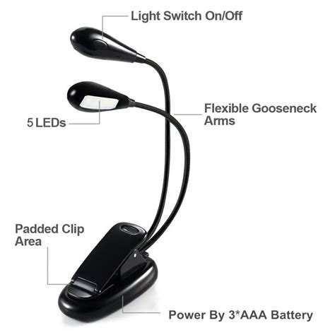 10 LED Book Clip Light 2 Heads LED Lamp Mini Flexible Clip On Desk Light Bright White Travel ...