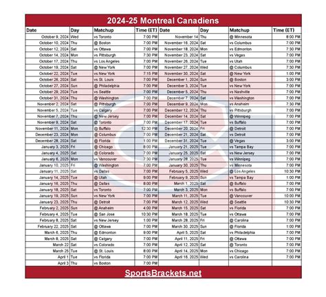 2024-25 Montreal Canadiens Schedule; Printable, PDF Format - Sports ...