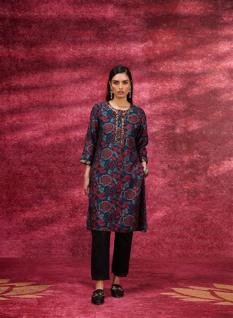 Layla Dark Teal Printed Chanderi Tunic for Women – Lakshita