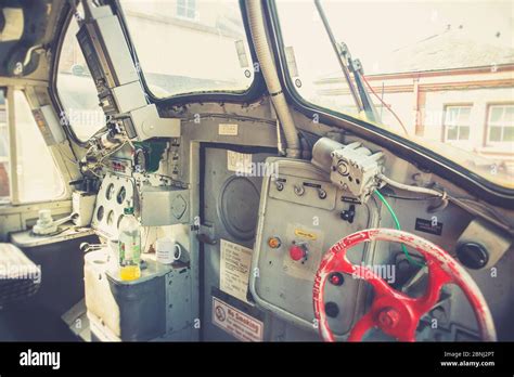 Retro view close up of train controls inside vintage UK diesel ...