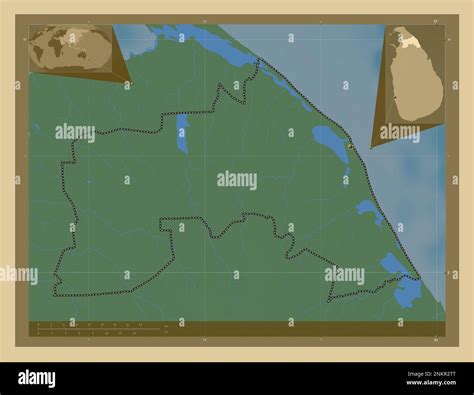 Mullaitivu, district of Sri Lanka. Colored elevation map with lakes and rivers. Corner auxiliary ...