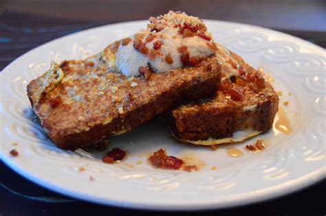 Banana Bread French Toast with Peanut Cream and Bacon Bits