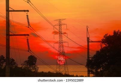 Silhouette Electricity Pole Electricity Pylons Technology Stock Photo ...