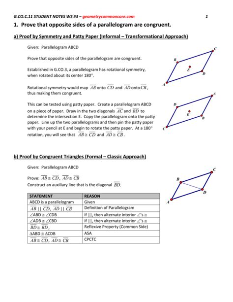 1. Prove that opposite sides of a parallelogram are congruent. a