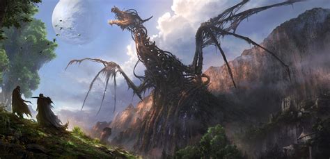 Wallpaper : digital art, artwork, dragon, skeleton, fantasy art, landscape 2500x1213 - Asta ...