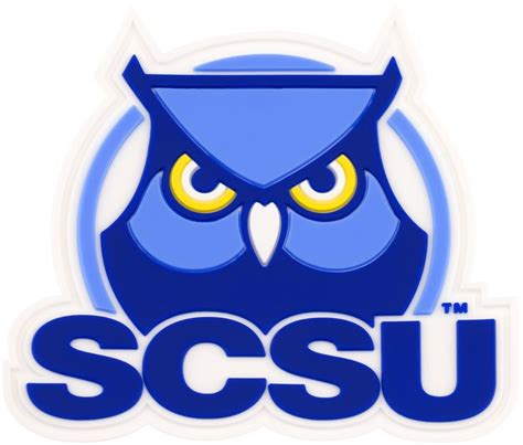 the scsu logo with an owl's head and yellow eyes is shown in blue