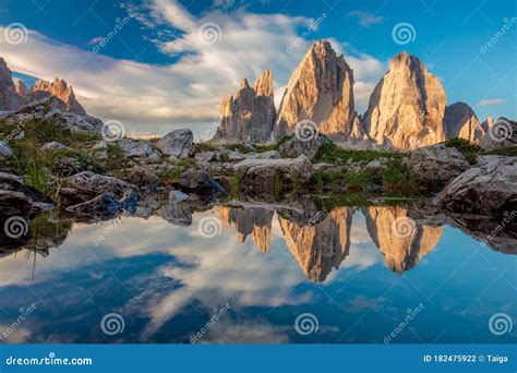 Tre Cime Di Lavaredo With Real Reflection In Lake, Dolomites Alps Mountains Royalty-Free Stock ...