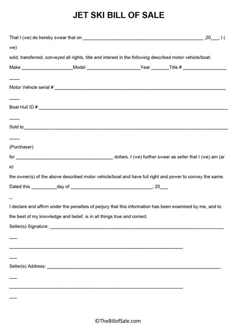 Jet Ski Bill of Sale Form Template Printable in PDF