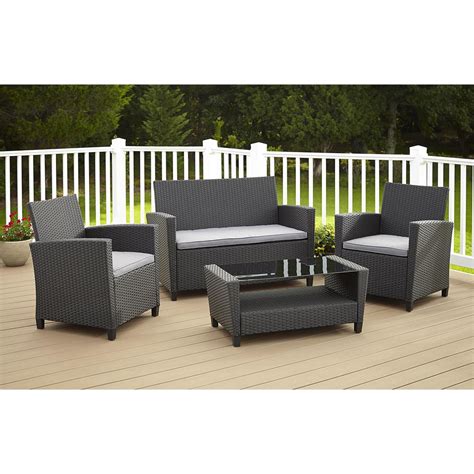 Cosco Malmo 4-Piece Black Resin Wicker Patio Conversation Set with Gray ...