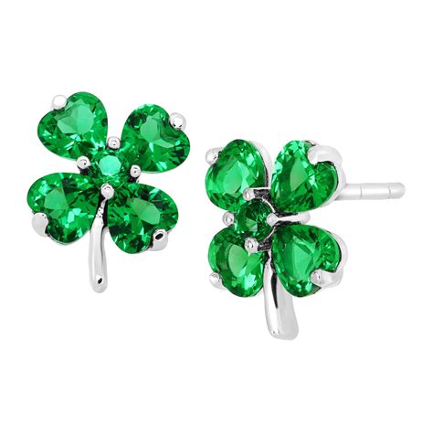 Shamrock Clover Stud Earrings with Green Cubic Zirconia in Sterling ...