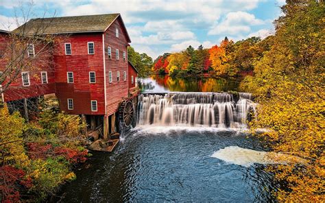 Wallpaper USA, Wisconsin, water mill, river, waterfalls, trees, autumn 1920x1200 HD Picture, Image