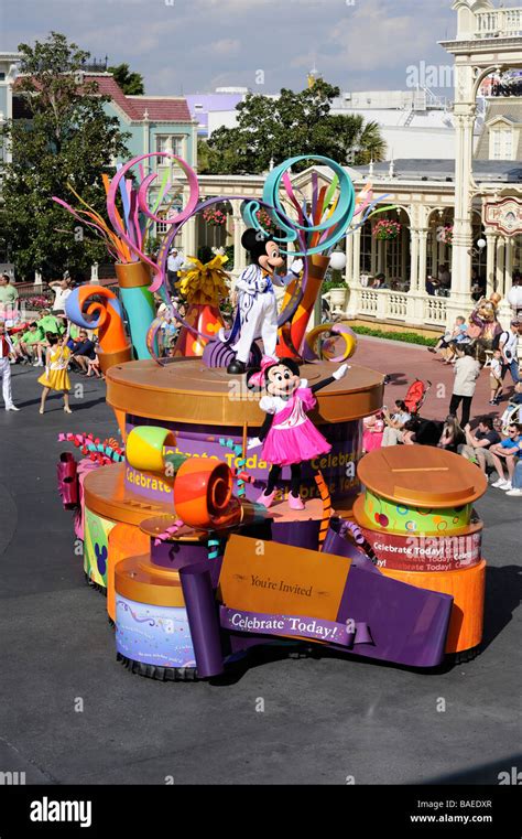 Mickey Mouse and Minnie Mouse on Float in Parade at Walt Disney Magic Kingdom Theme Park Orlando ...