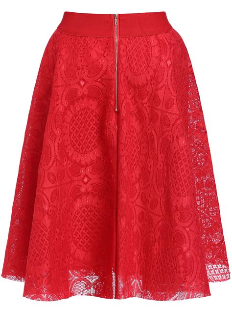 Red High Waist Lace Flare Skirt -SheIn(Sheinside)