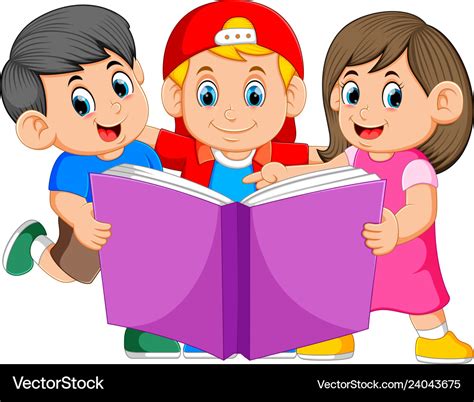 Kids reading big book Royalty Free Vector Image
