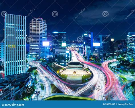 Seoul skyline at night stock photo. Image of trail, district - 35502410