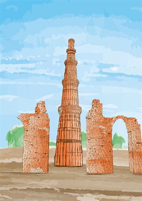 Hand Drawn Qutub Minar, New Delhi, India - Vector Stock Vector ...