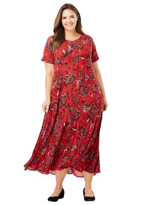 Woman Within Plus Size Crinkle Dress - Red Floral, 5X