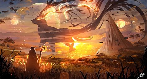 HD wallpaper: anime wallpaper, fantasy art, sunset, digital art, magic, mountains | Wallpaper Flare