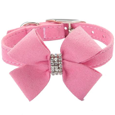 Soft Pink Velvet Dog Collar Bow Rhinestone Adjustable collars for Pet Cat Small dogs-in Collars ...