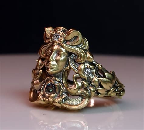 Art Nouveau Lady Ring 14k Gold Set With Diamonds and Natural ...