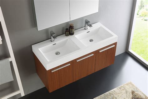 48" Teak Wall Hung Double Sink Modern Bathroom Vanity with Faucet, Medicine Cabinet and Linen ...